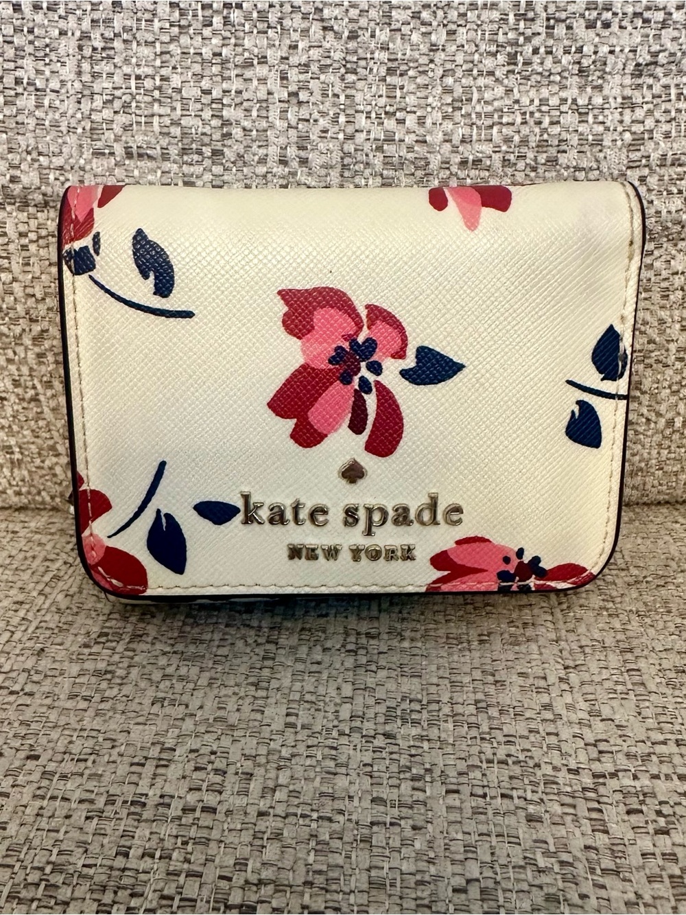 kate spade Floral Compact Bifold Wallet Cream Pink Navy Leather